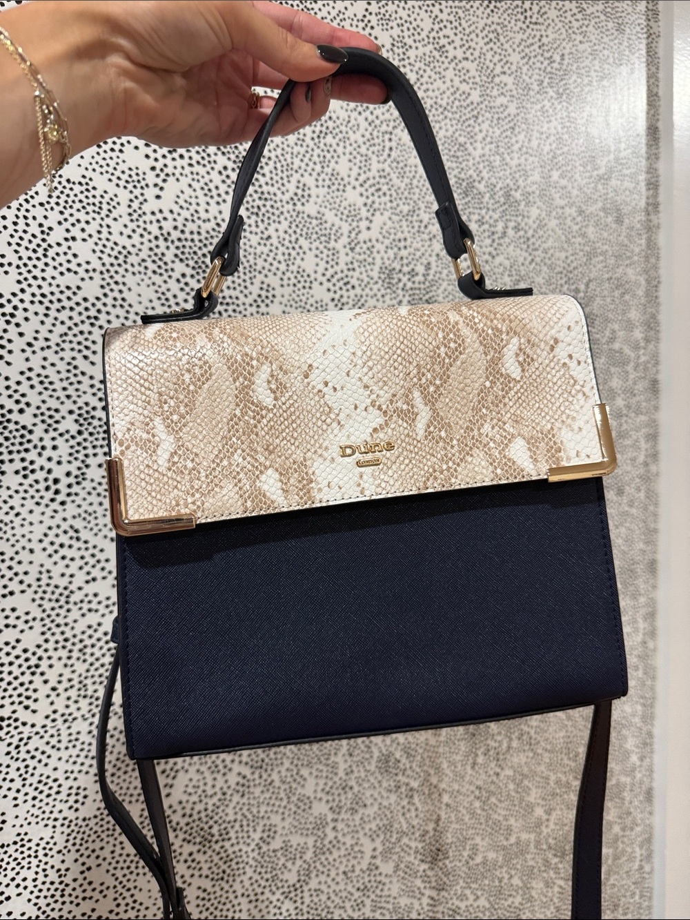 Dune London Navy & Beige Snake-Print Top Handle Satchel